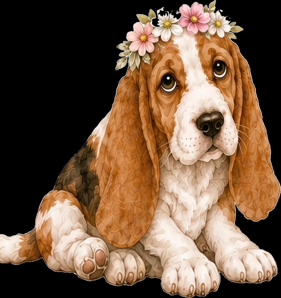 Cachorro basset hound con corona de flores
